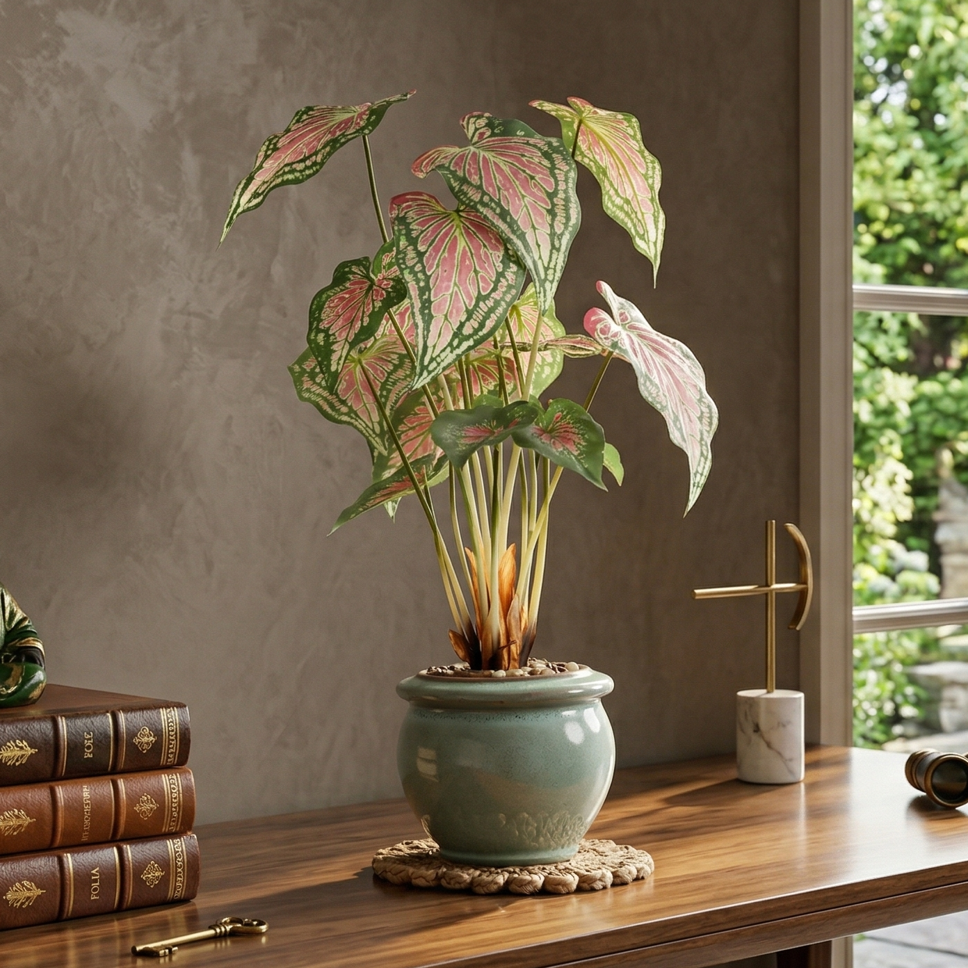 Passion Pink Caladium Faux Ceramic Potted Plant