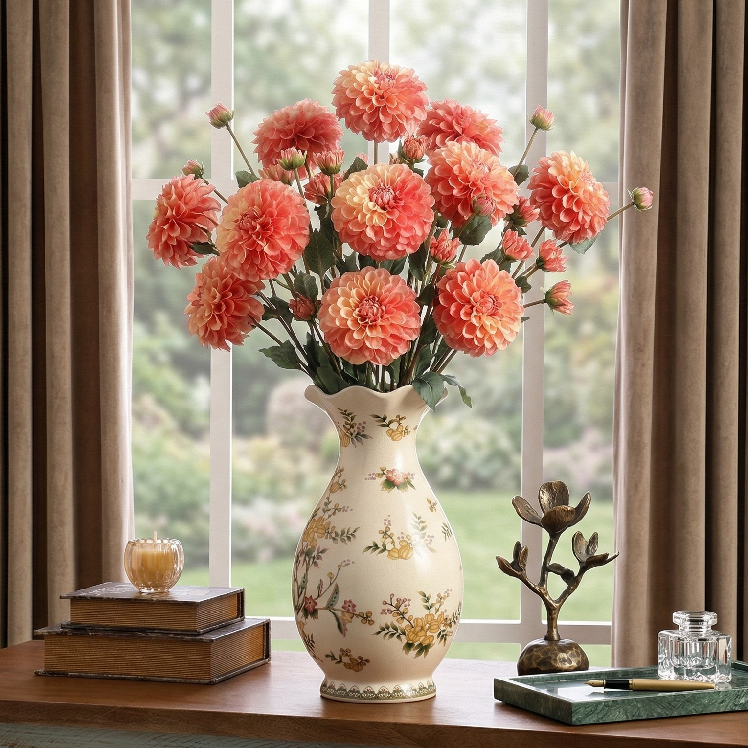 Pink White Dahlia Faux Flower Stick (Single)