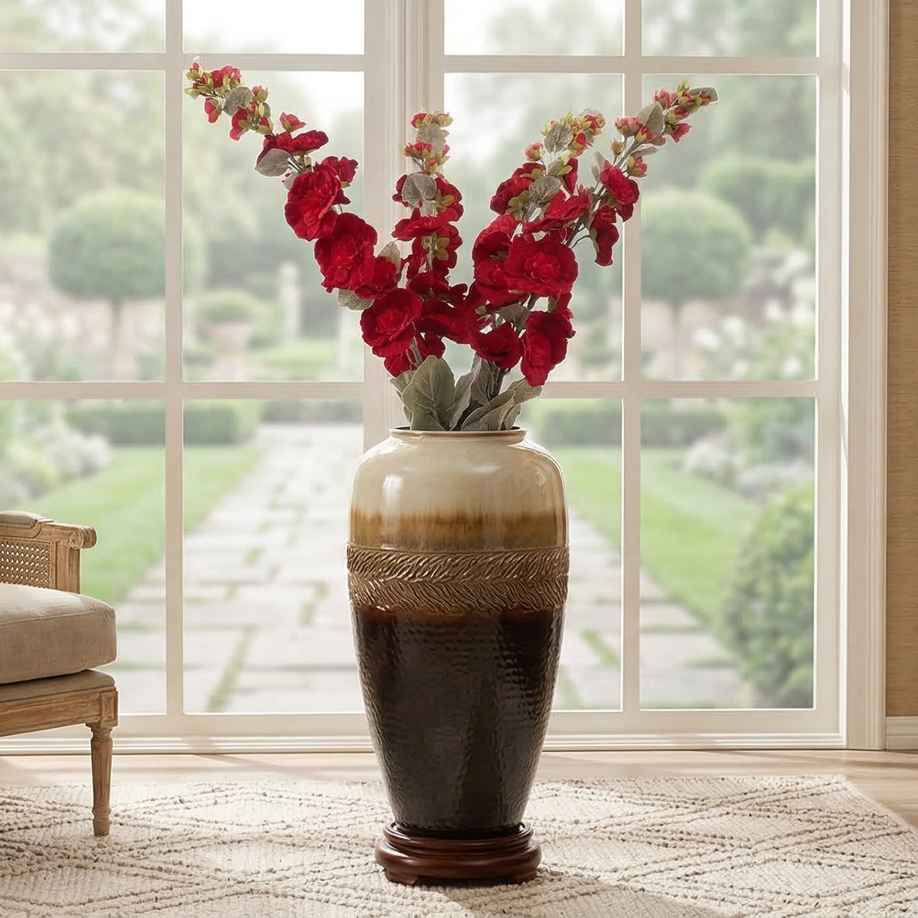 Red Velvet Hollyhock Faux Flower Stick (Single)