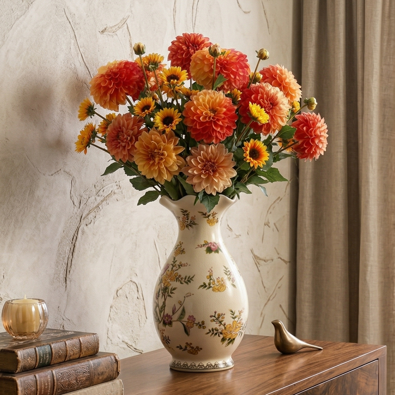 Yellow Orange Dahlia Faux Flower Stick (Single)