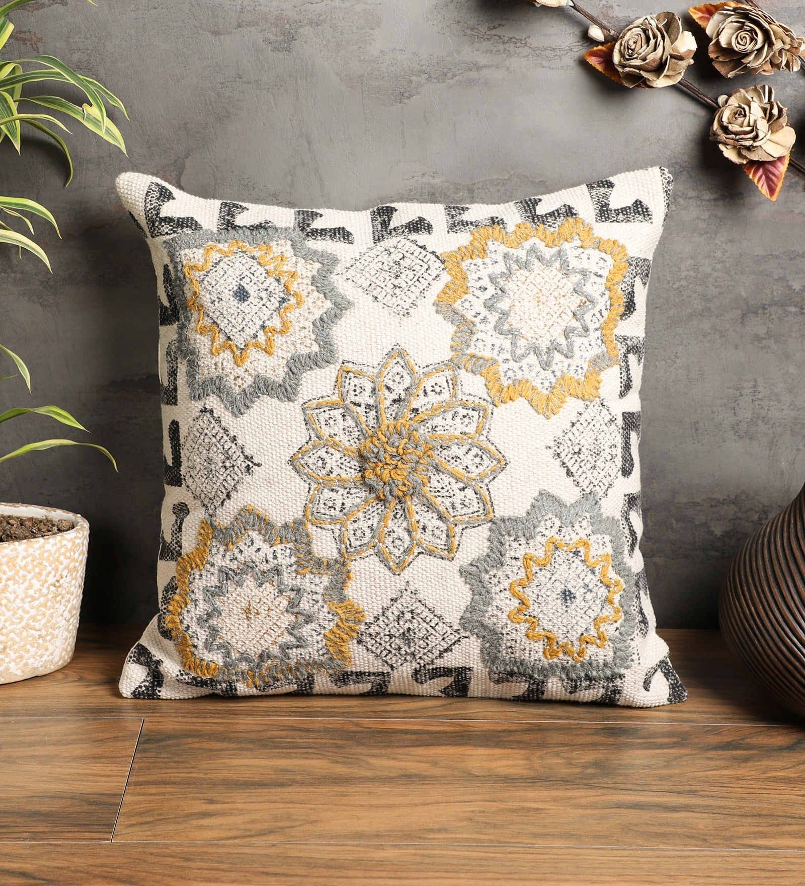 Embroidered Contemporary Cushion Cover (Beige Floral)
