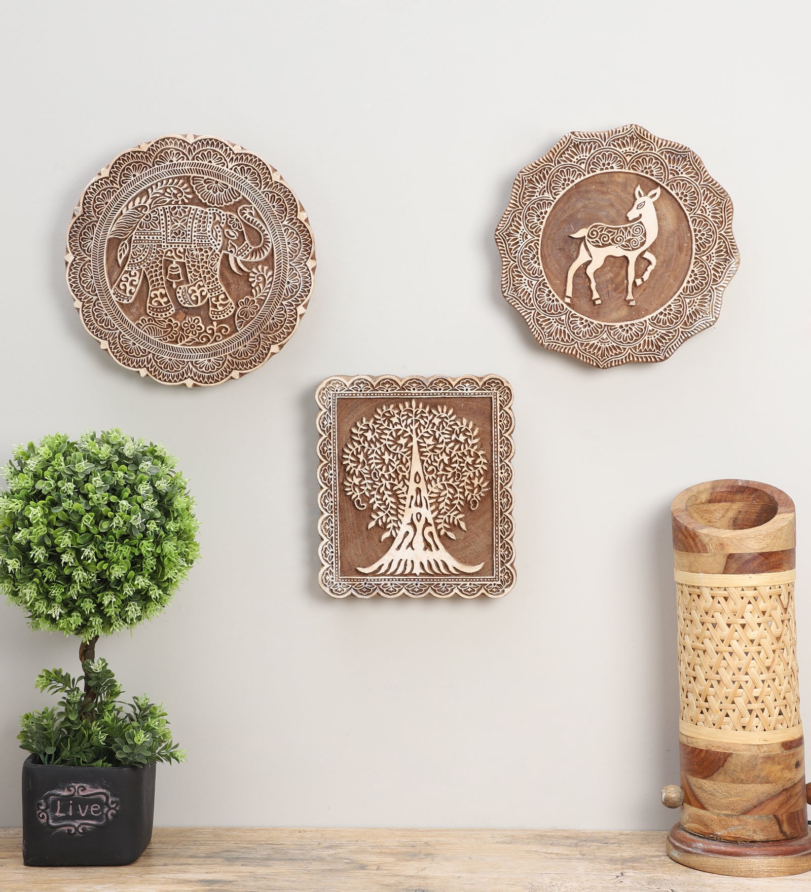 Ethnic Motifs - Handcarved Wall Hanging (set of 3)