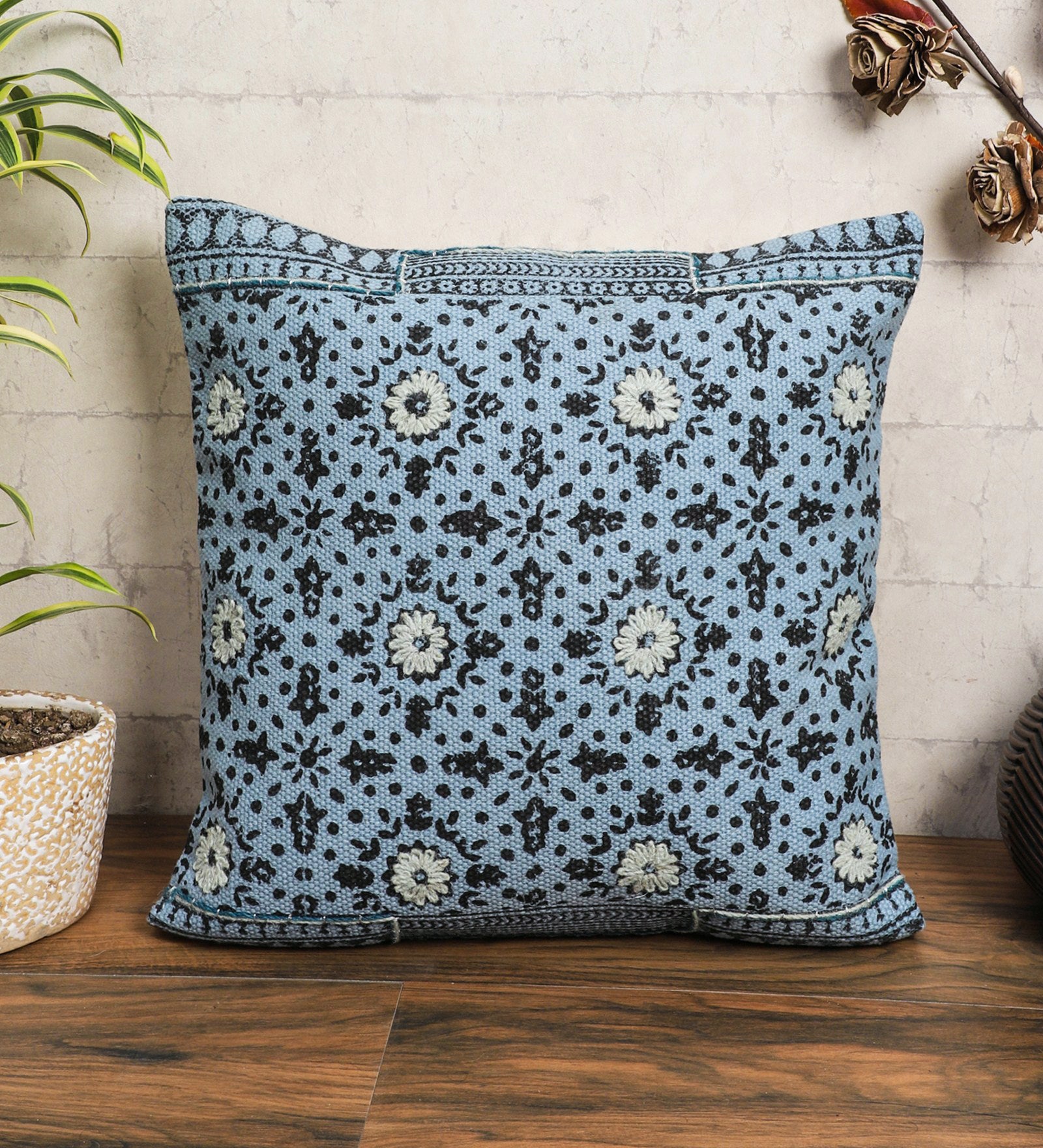 Embroidered Contemporary Cushion Cover (Blue Floral)