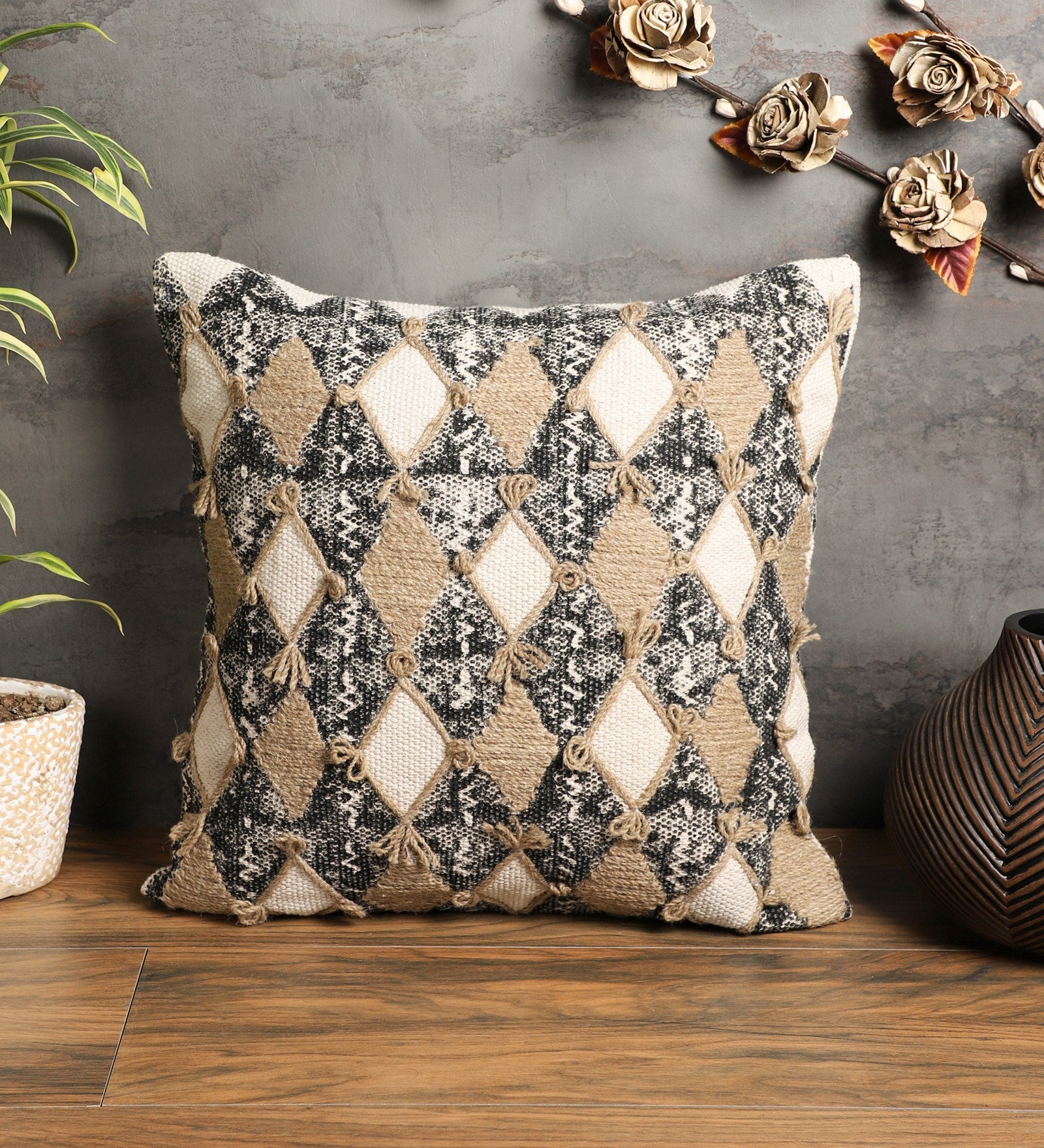 Embroidered Contemporary Cushion Cover (Beige Diamonds)