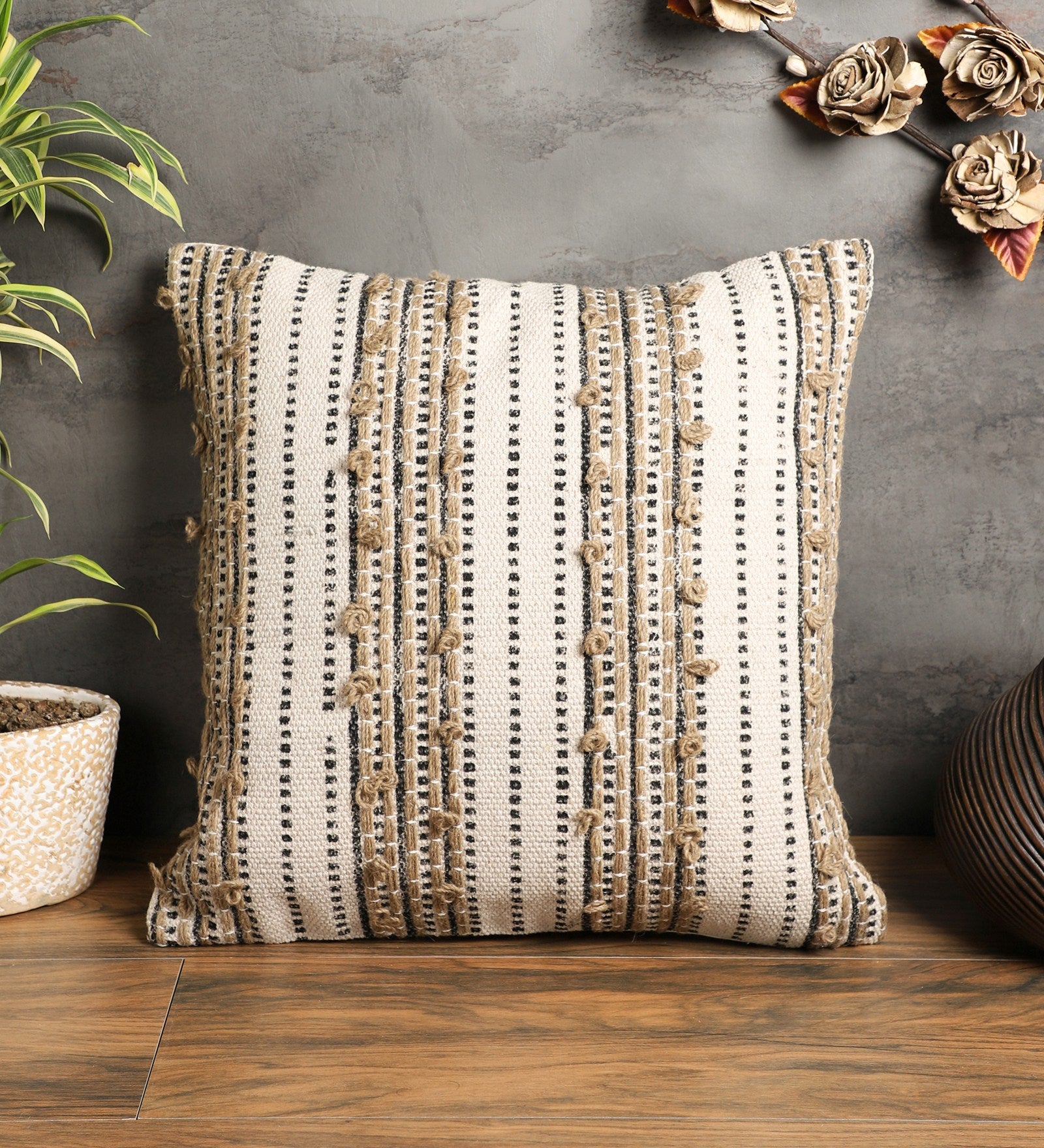 Embroidered Contemporary Cushion Cover (Beige Knots)