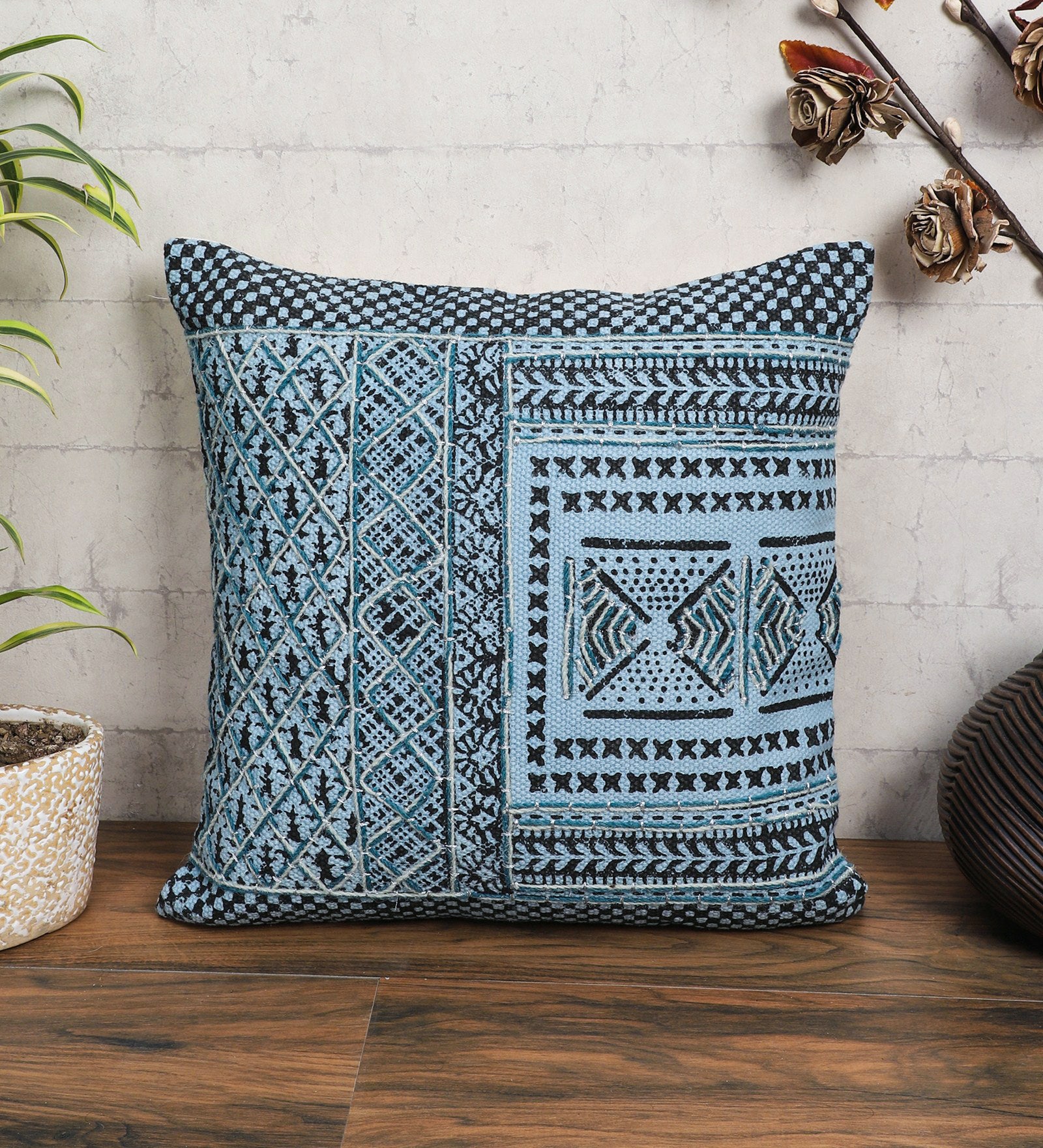 Embroidered Contemporary Cushion Cover (Blue Check Design)