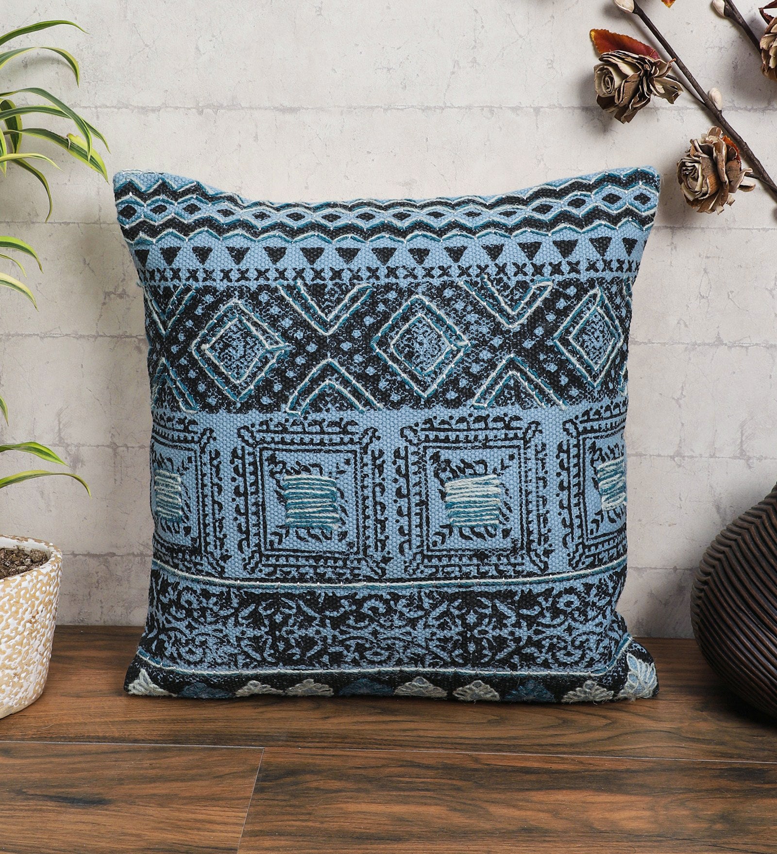 Embroidered Contemporary Cushion Cover (Blue Square)