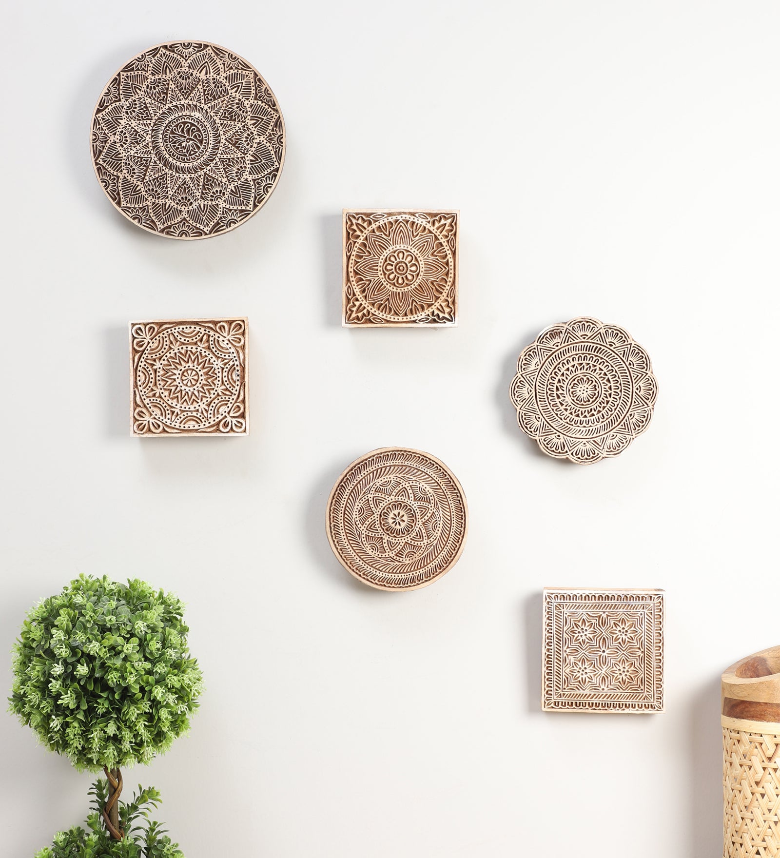Ethnic Motifs - Handcarved Wood Wall Hanging (set of 6)