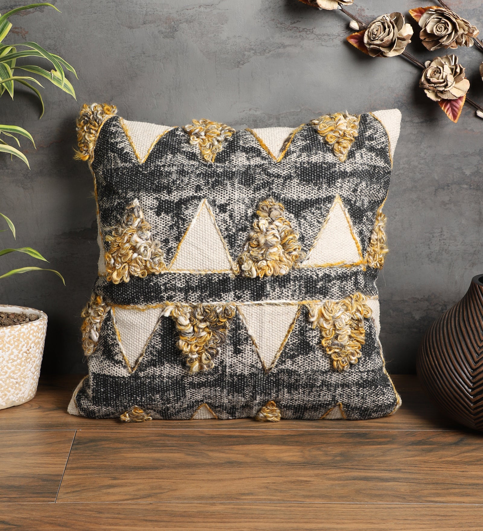 Embroidered Contemporary Cushion Cover (Black-Beige Triangles)