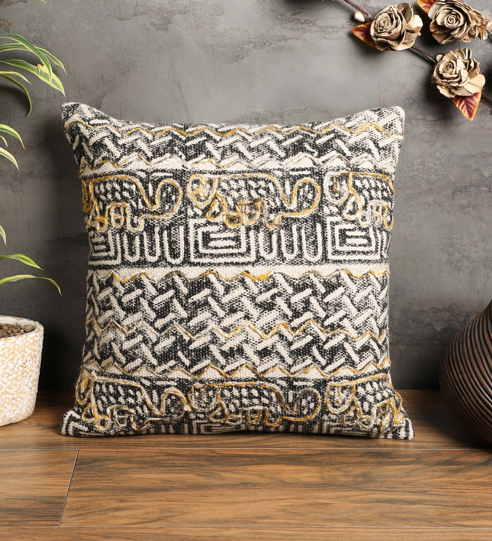 Embroidered Contemporary Cushion Cover (Black-Beige Abstract)