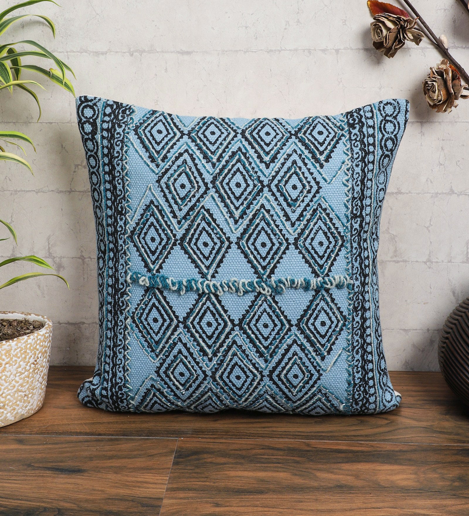 Embroidered Contemporary Cushion Cover (Blue Diamonds)