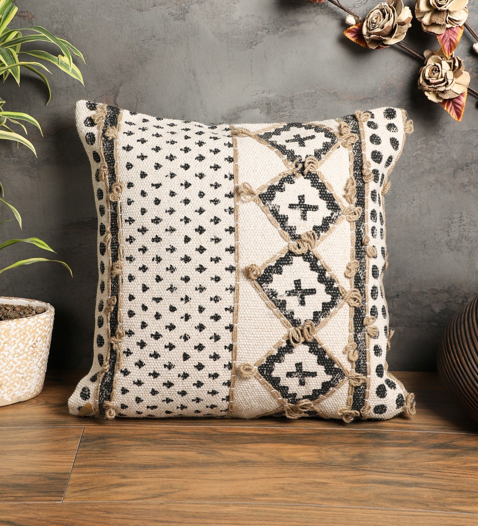 Embroidered Contemporary Cushion Cover (Beige Cross)