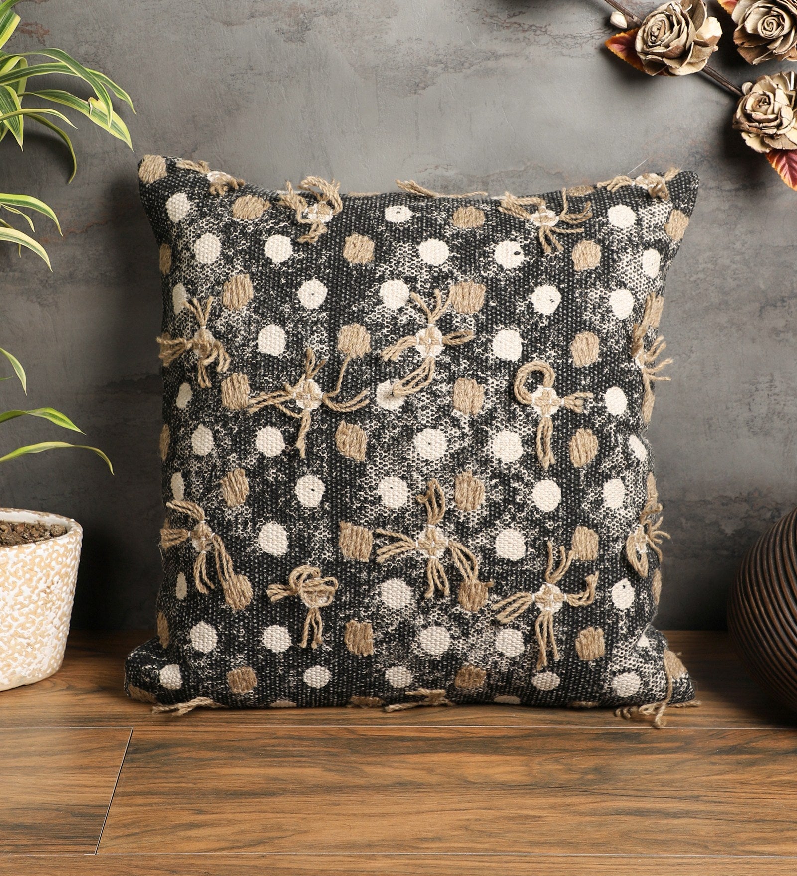 Embroidered Contemporary Cushion Cover (Beige-Black Polka Dots)