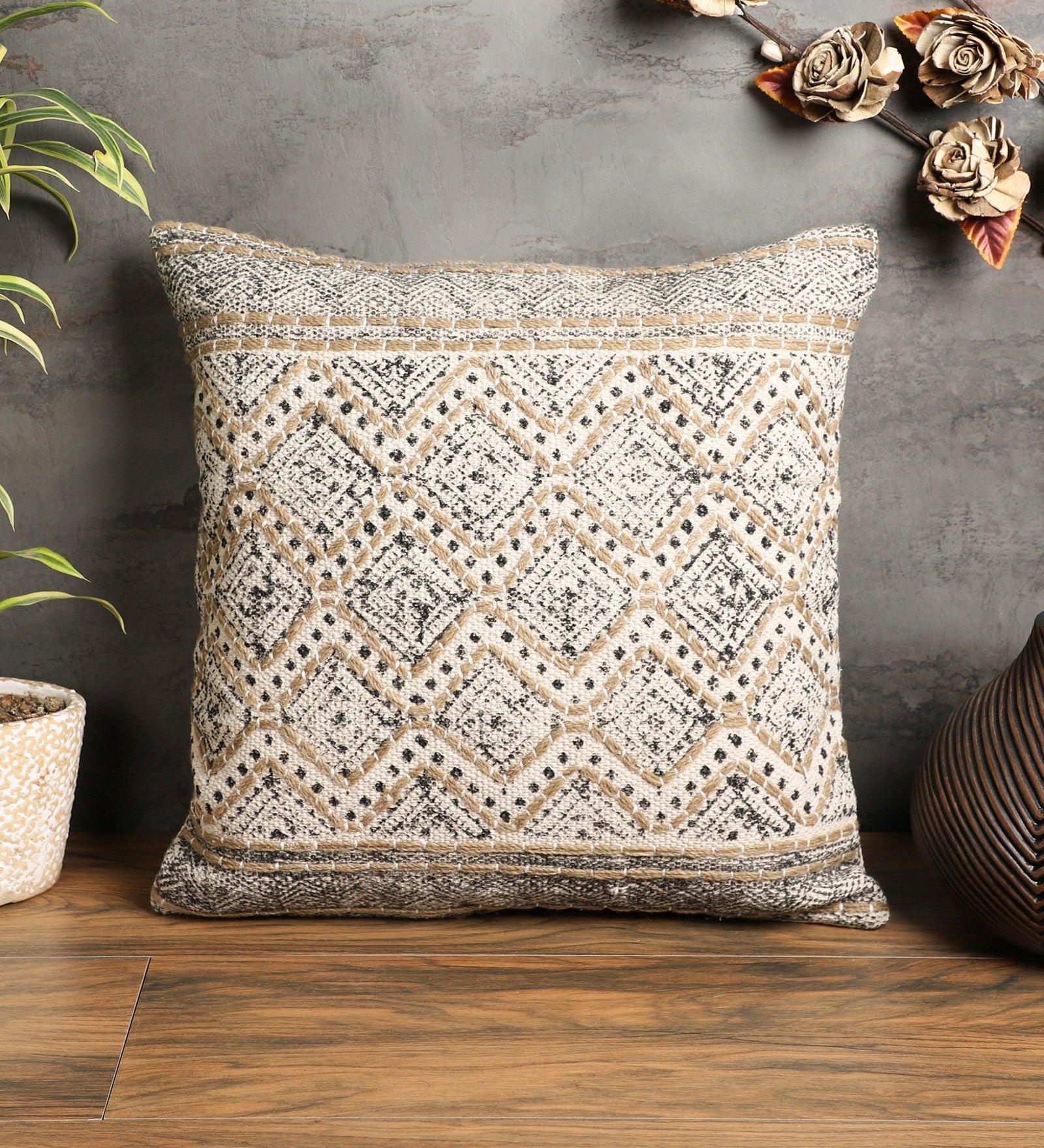 Embroidered Contemporary Cushion Cover (Beige Diamond)