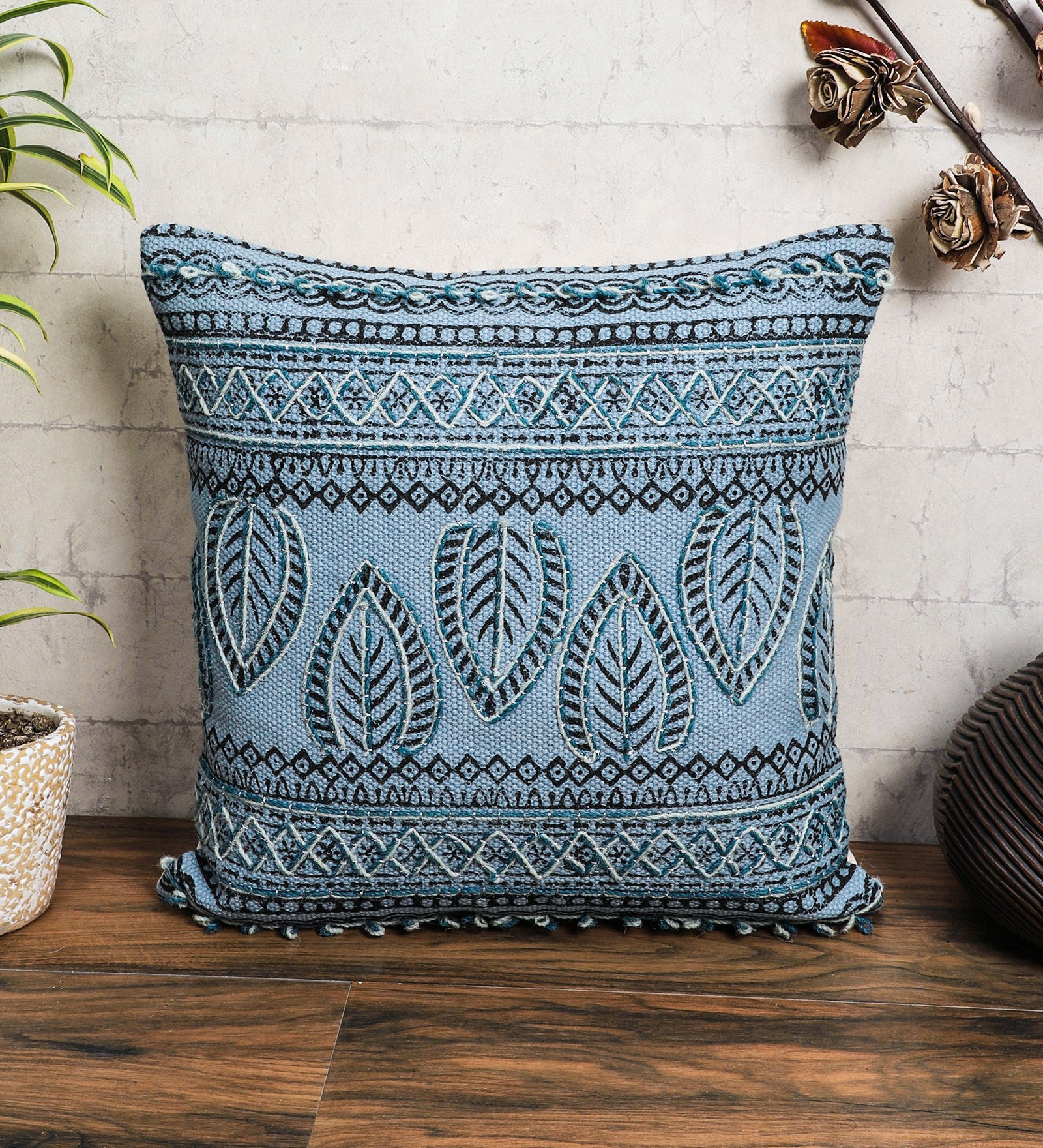 Embroidered Contemporary Cushion Cover (Blue Leaf)