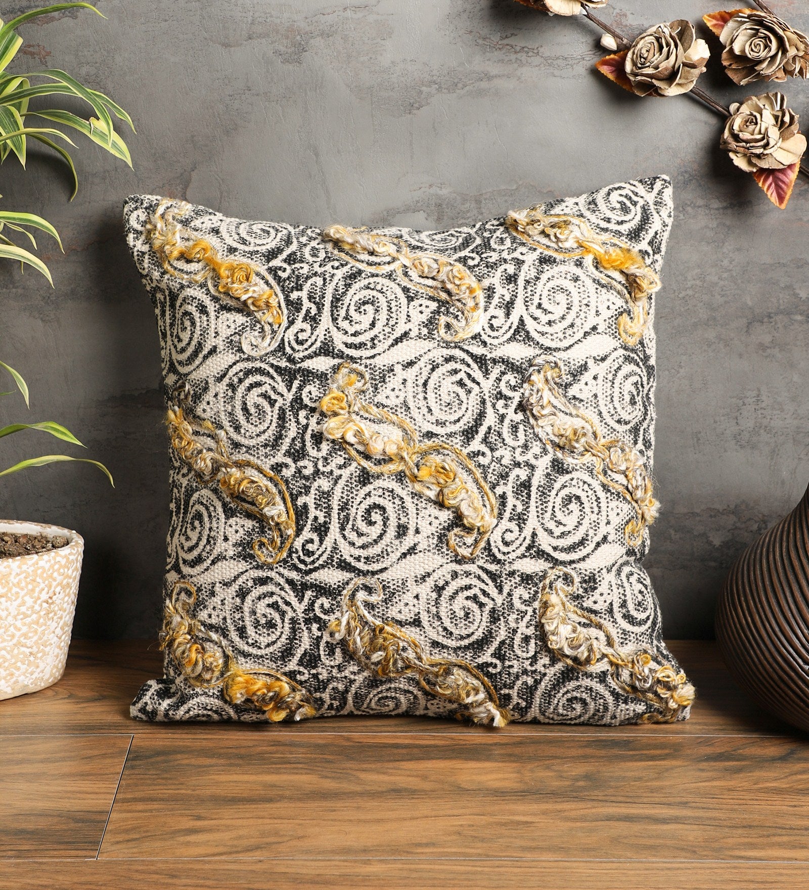 Embroidered Contemporary Cushion Cover (Beige-Black Swirls)