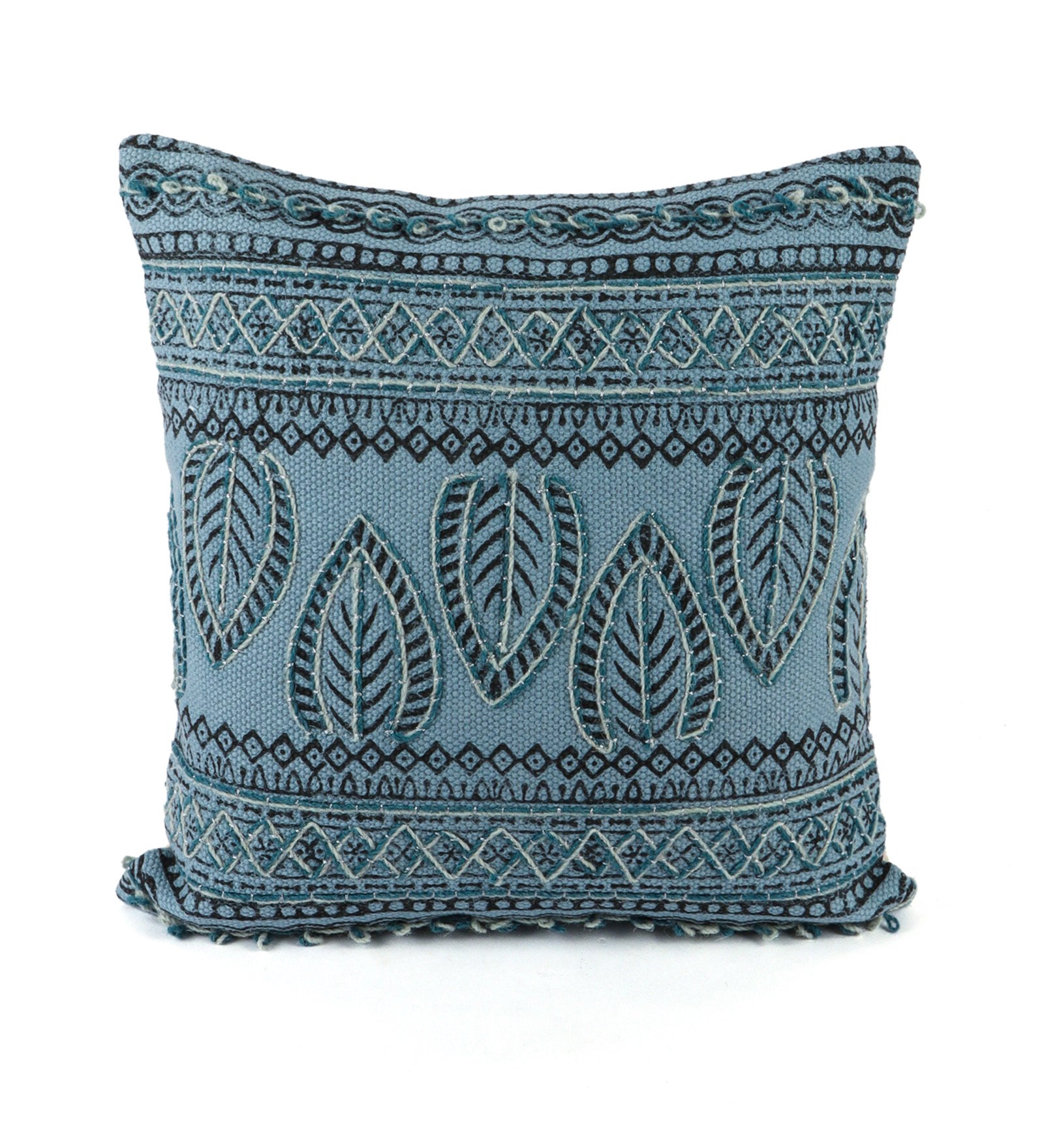 Embroidered Contemporary Cushion Cover (Blue Leaf)