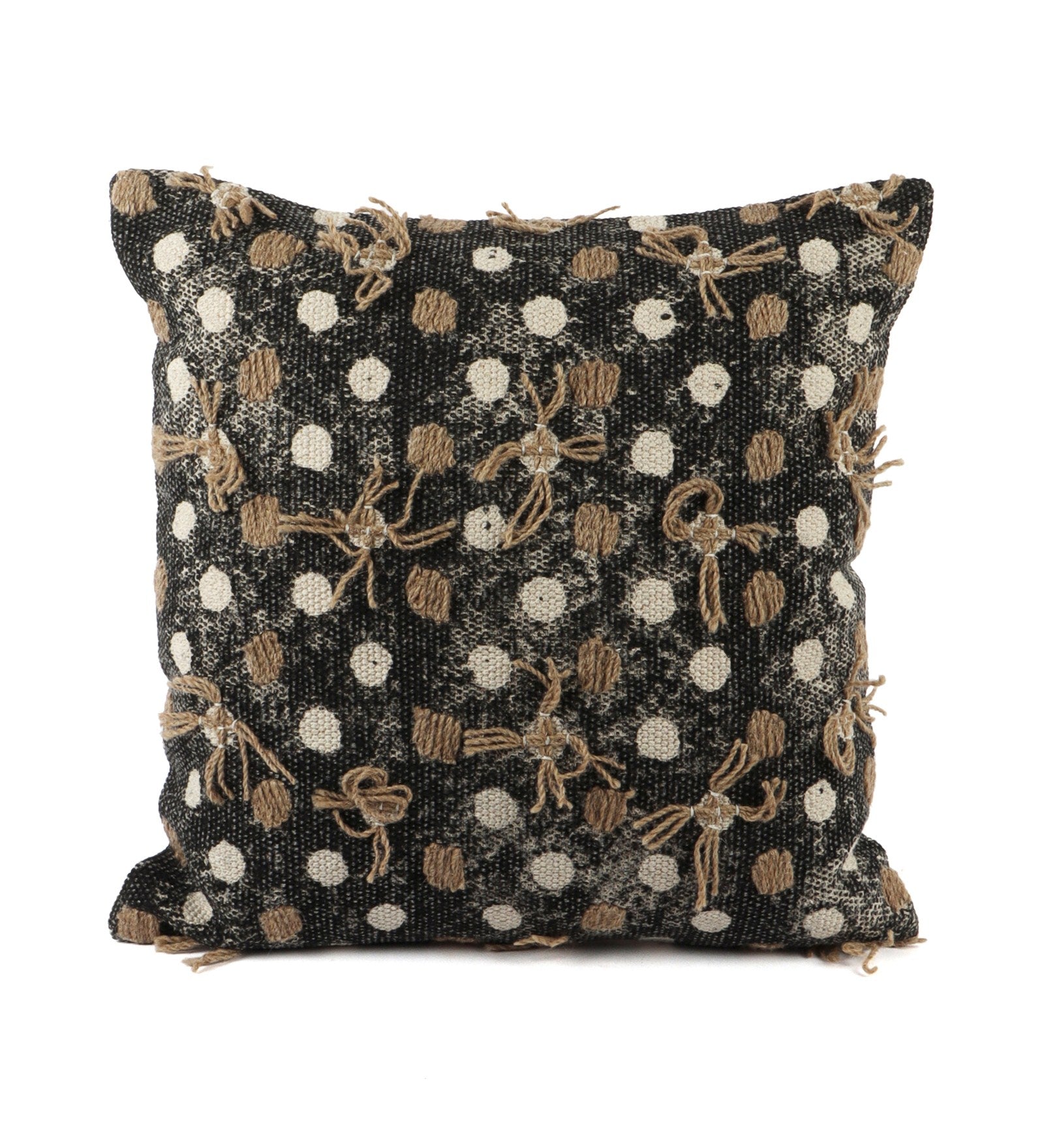 Embroidered Contemporary Cushion Cover (Beige-Black Polka Dots)