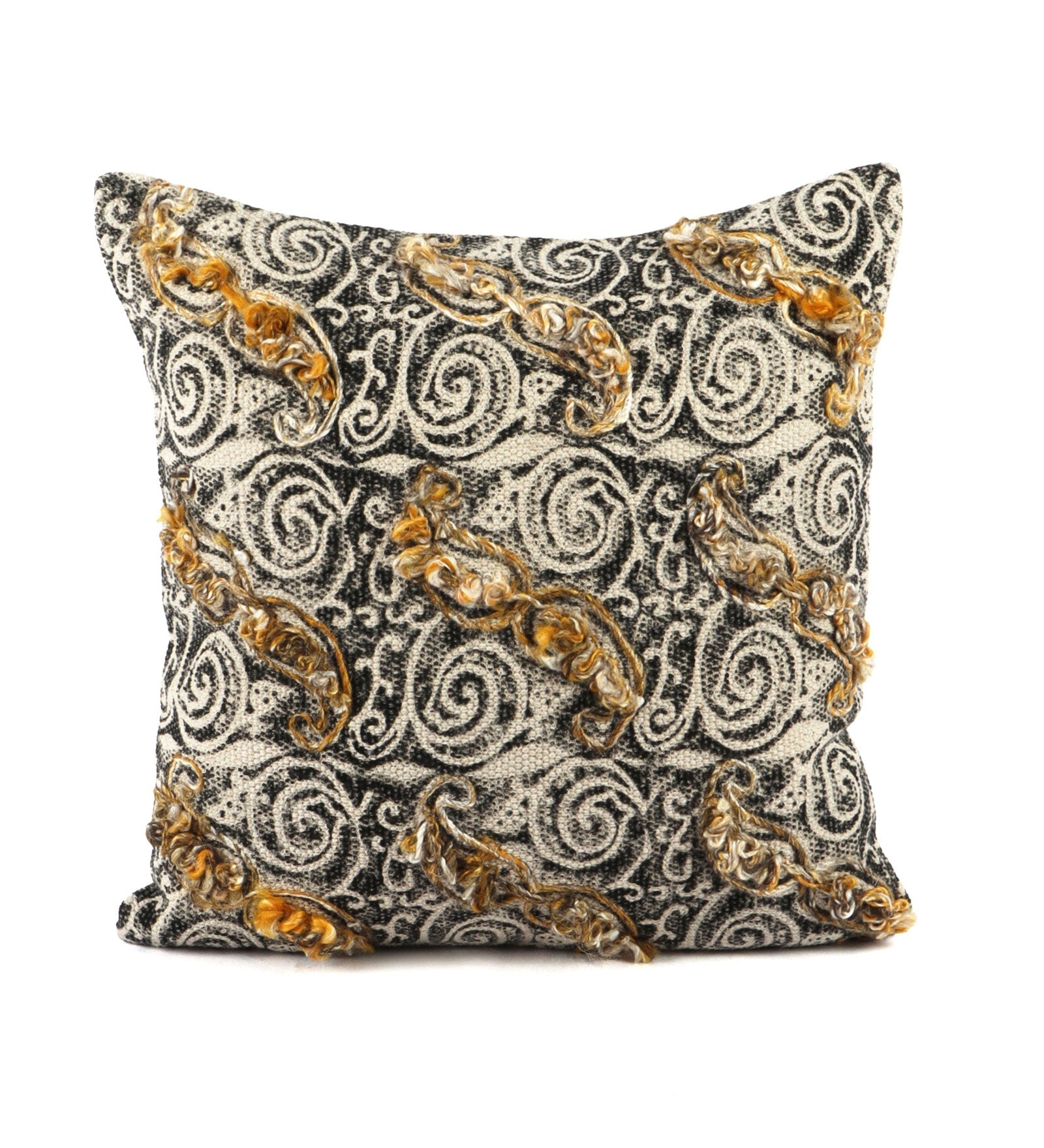 Embroidered Contemporary Cushion Cover (Beige-Black Swirls)