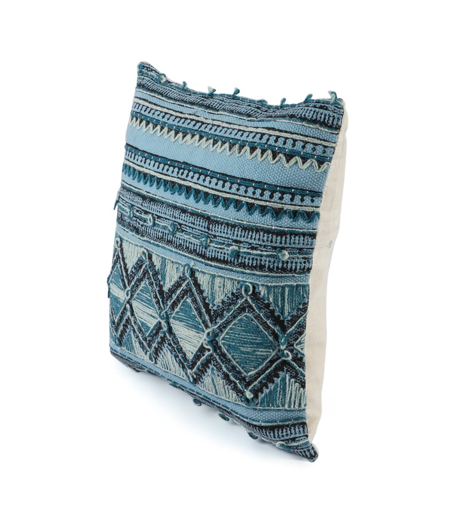 Embroidered Contemporary Cushion Cover (Blue Geometric)