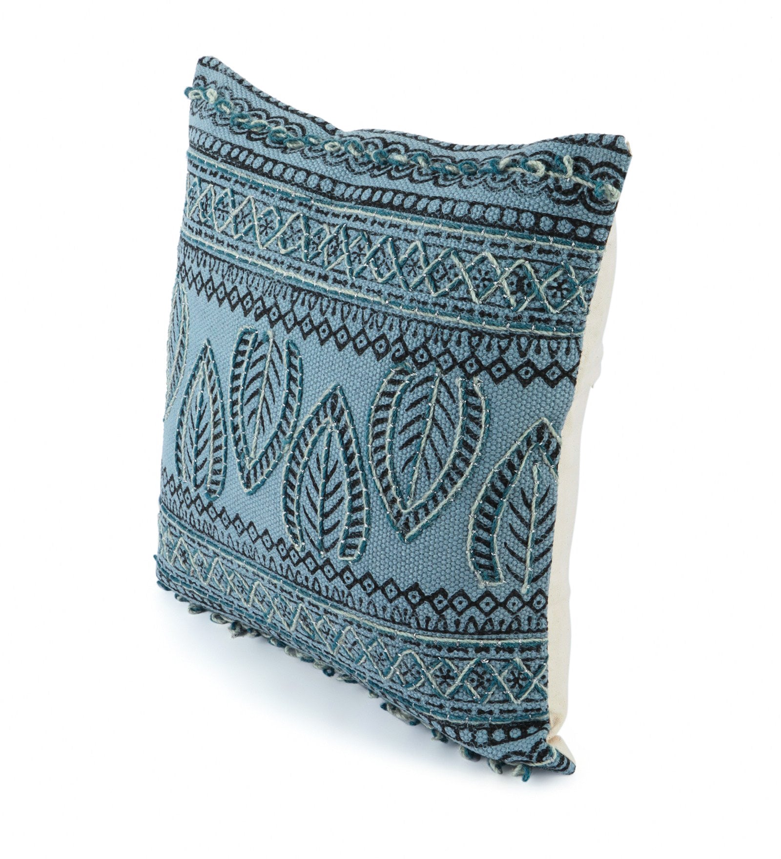 Embroidered Contemporary Cushion Cover (Blue Leaf)