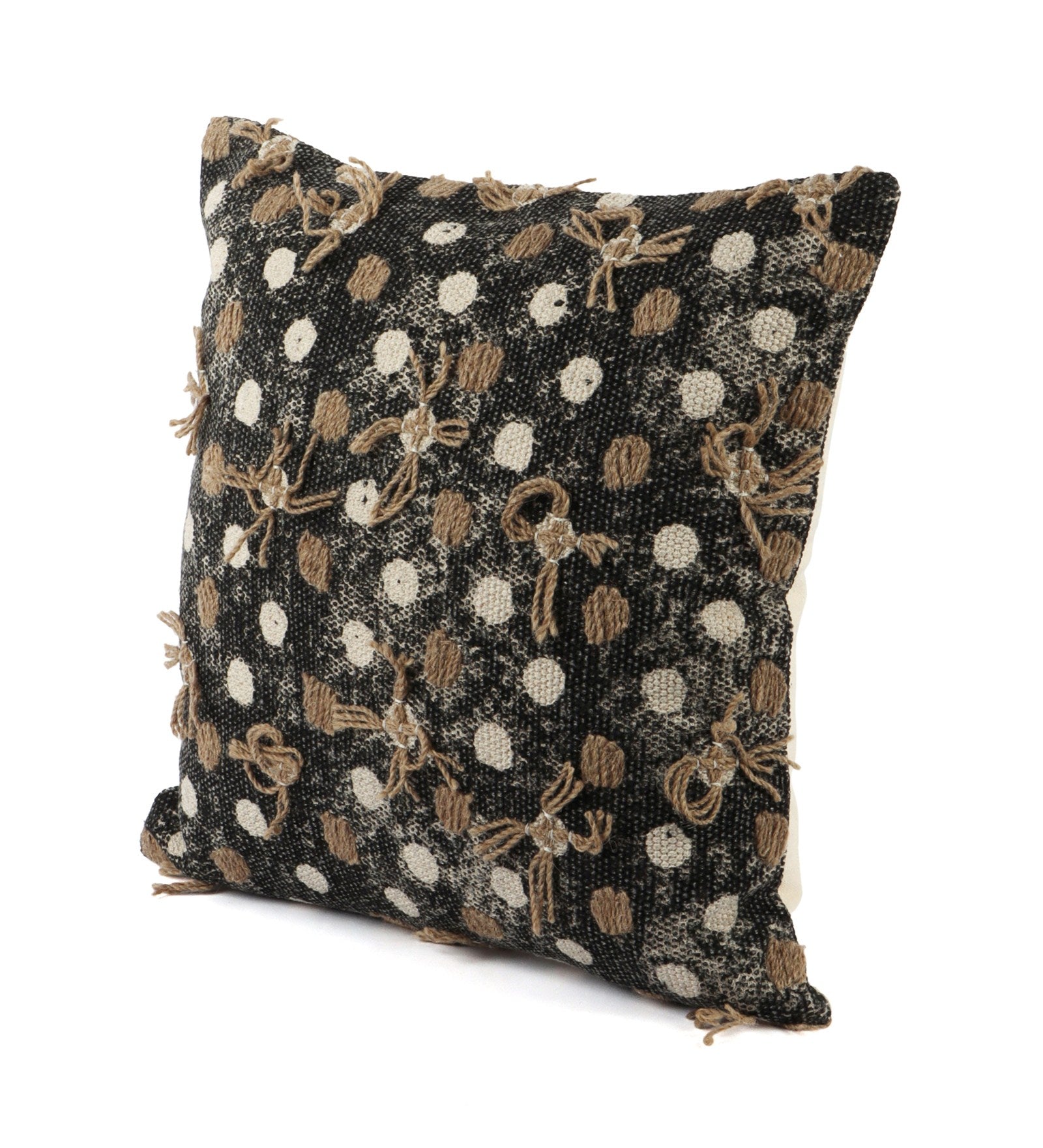 Embroidered Contemporary Cushion Cover (Beige-Black Polka Dots)