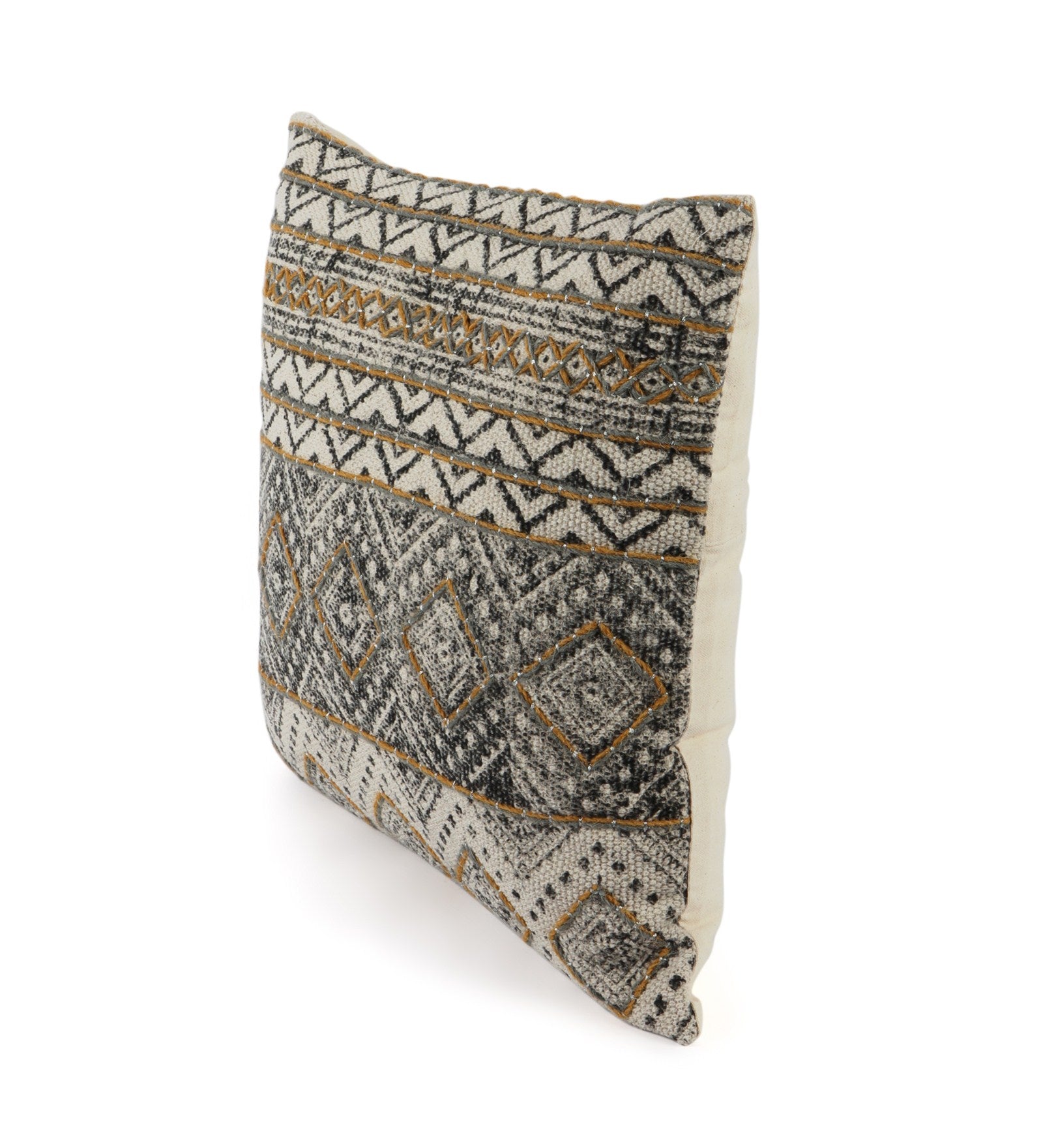 Embroidered Contemporary Cushion Cover (Black-Beige Geometric)