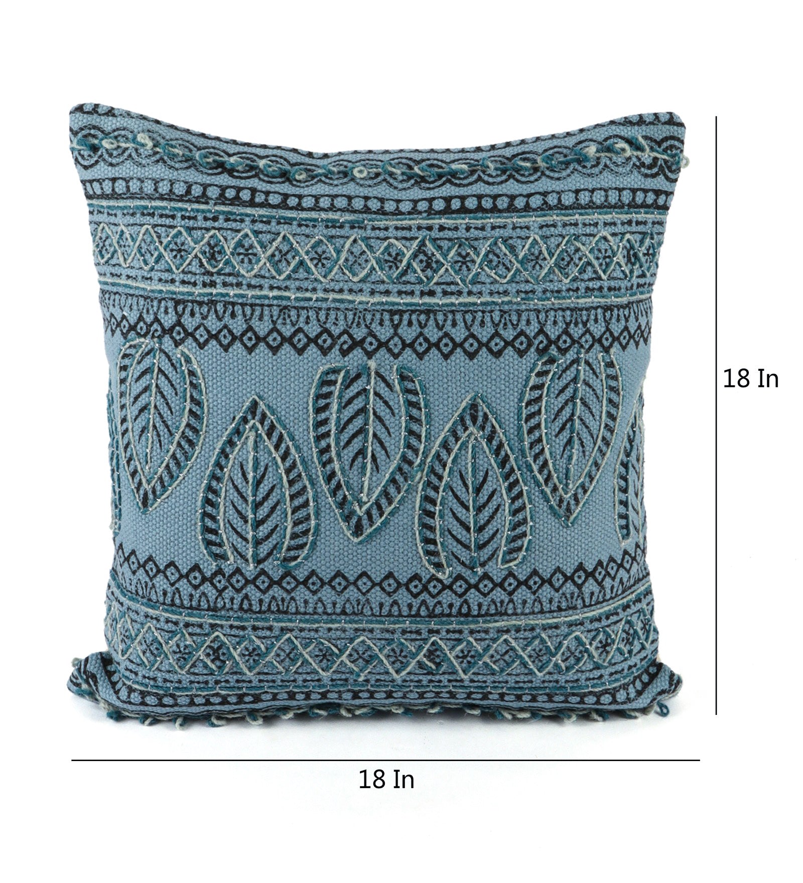 Embroidered Contemporary Cushion Cover (Blue Leaf)