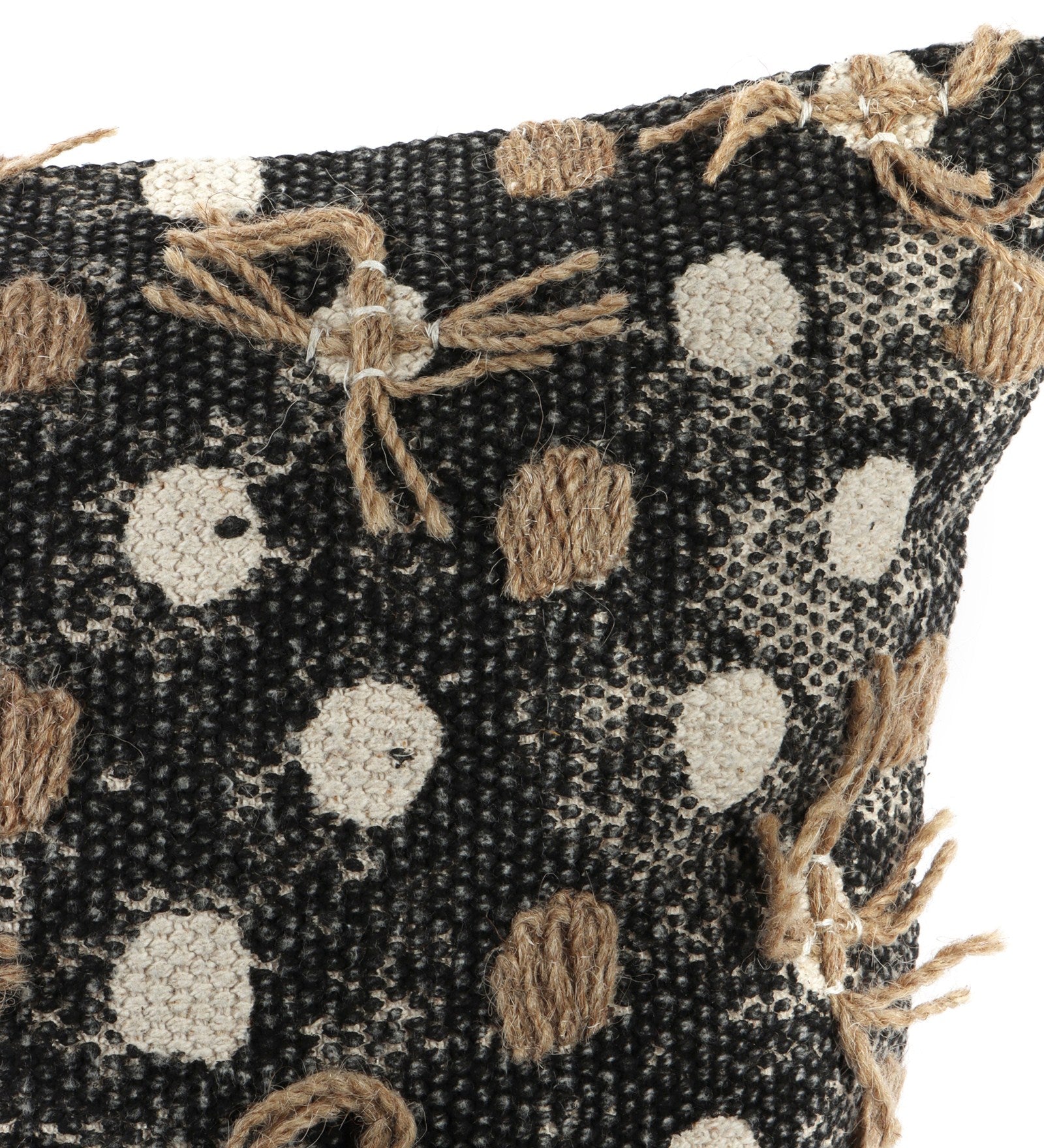 Embroidered Contemporary Cushion Cover (Beige-Black Polka Dots)