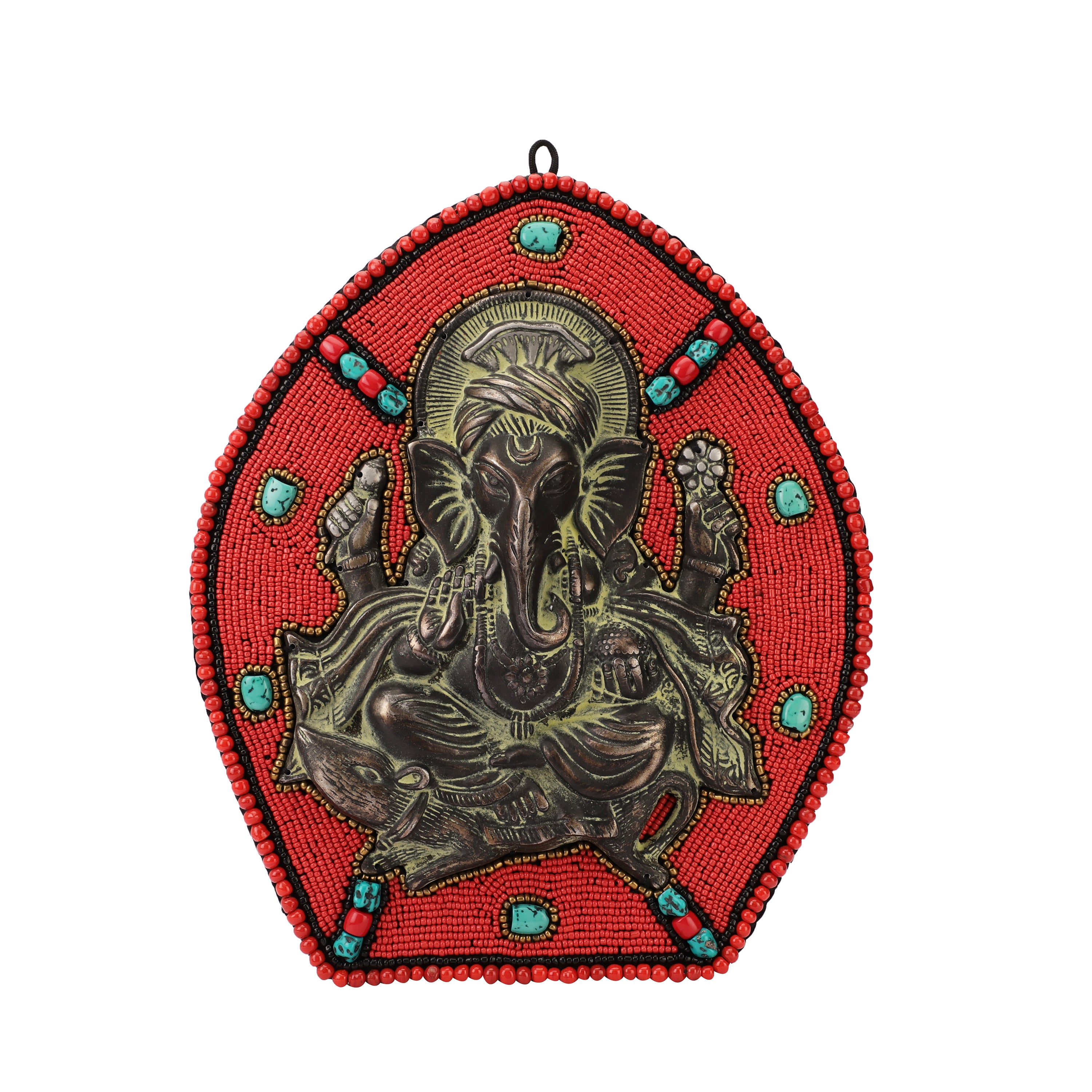 Red Beads and Stone Ganesh Metal Wall Art