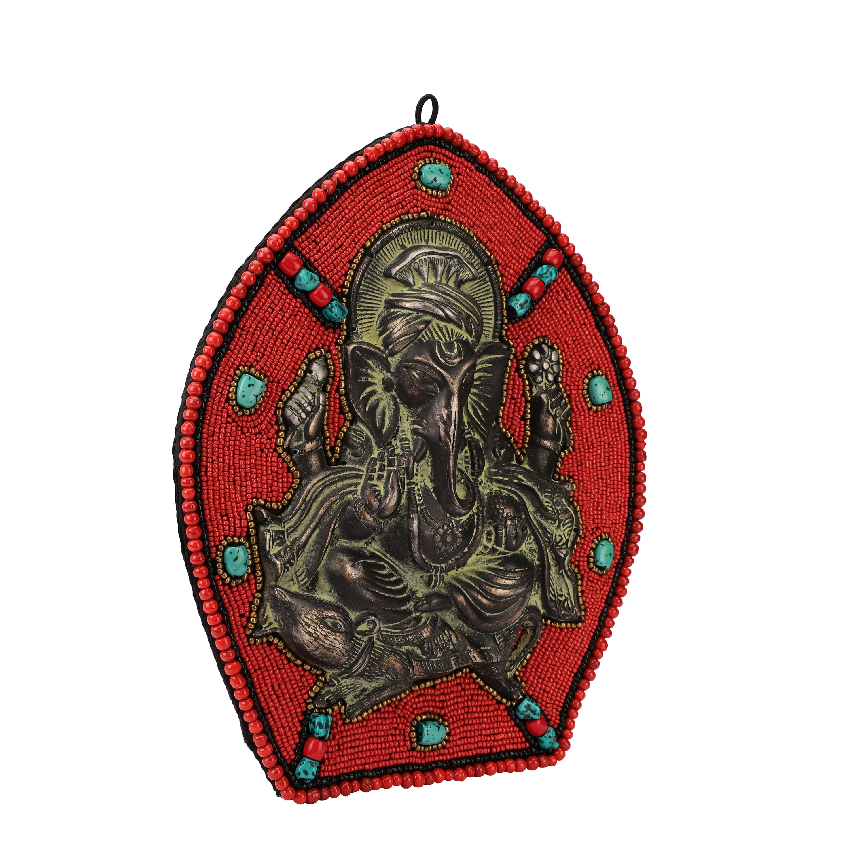 Red Beads and Stone Ganesh Metal Wall Art