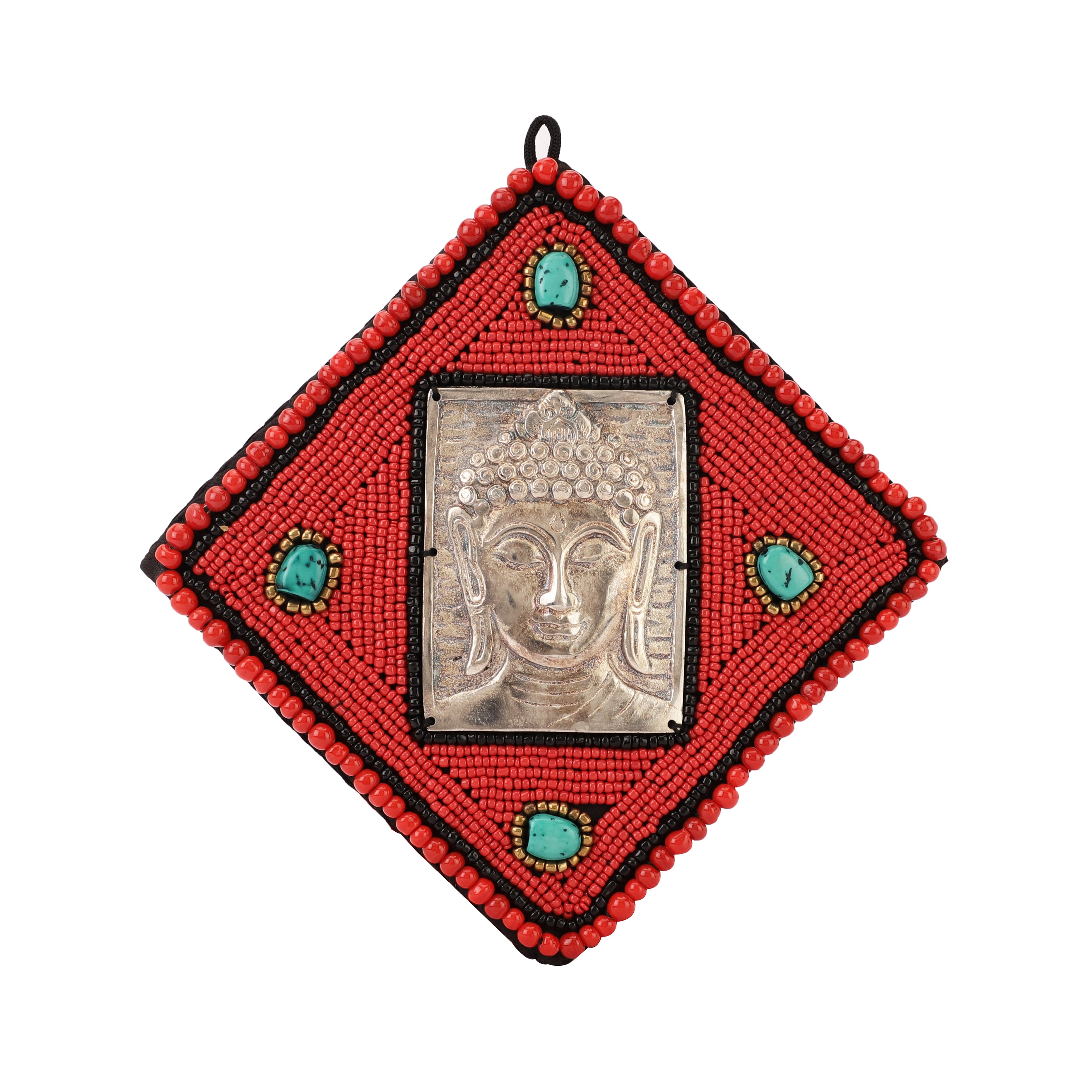 Red Beads and Stone Square Buddha Metal Wall Art