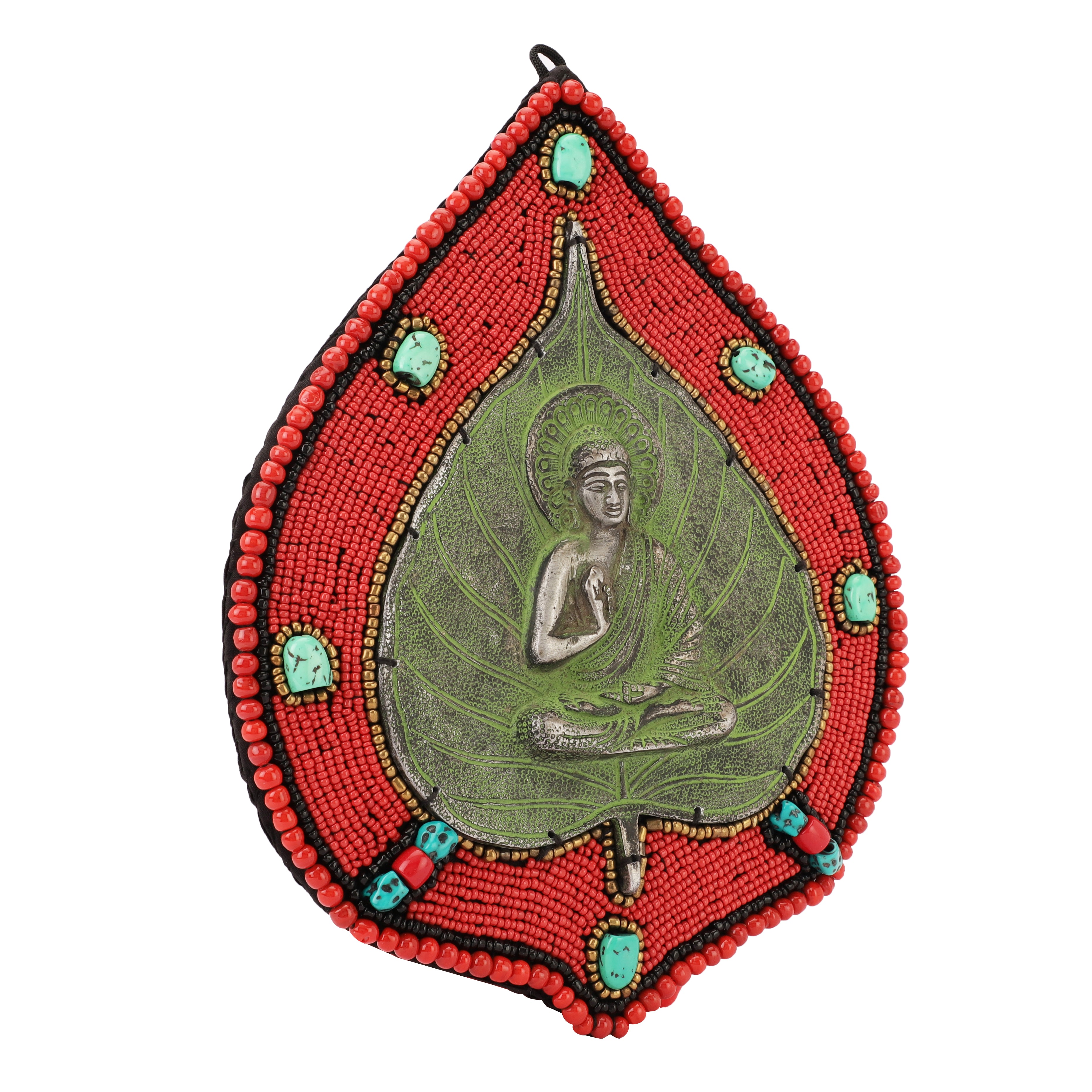 Red Beads and Stone Leaf Buddha Metal Wall Art
