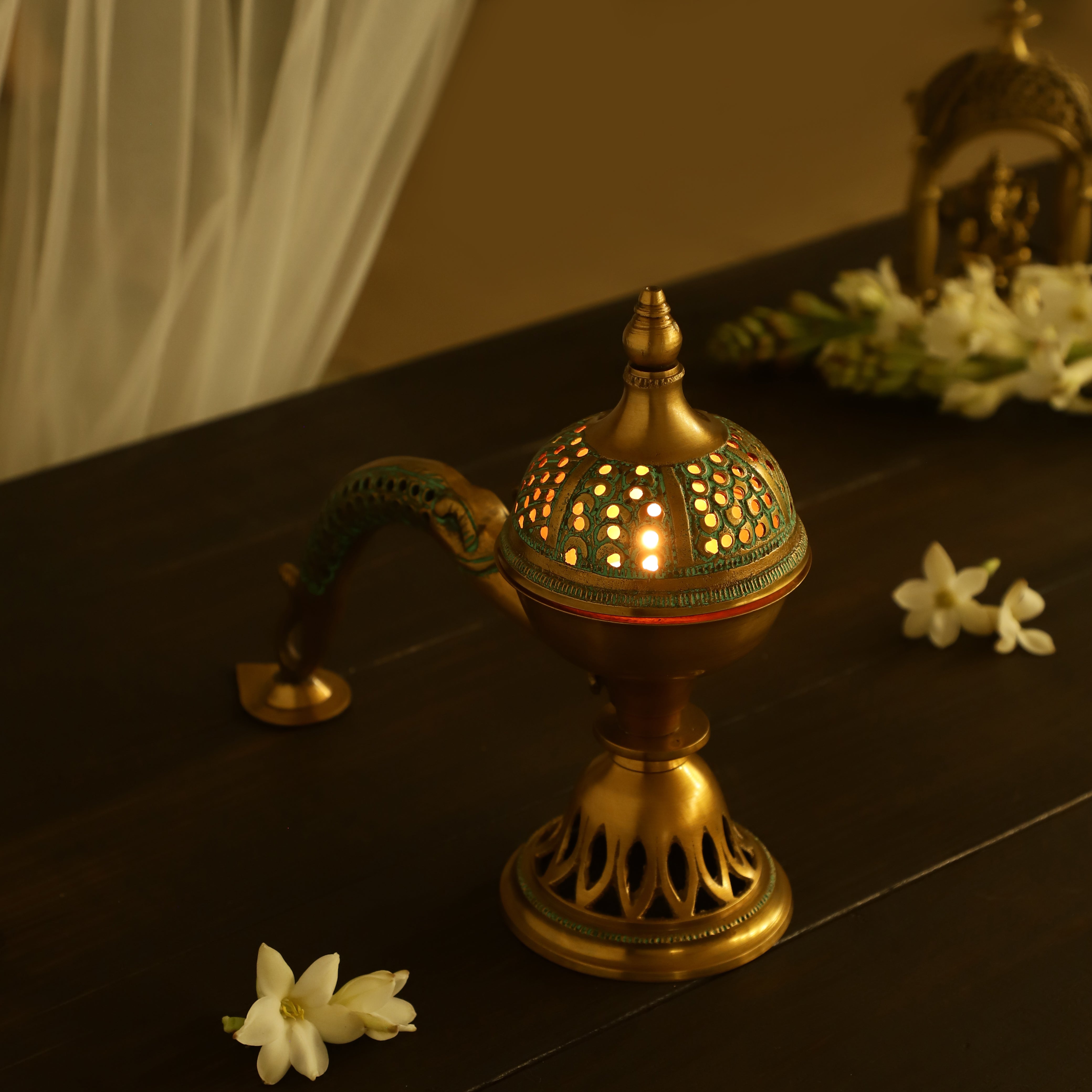 Vintage Tibetan Brass Aladdin Genie Oil Lamp Incense