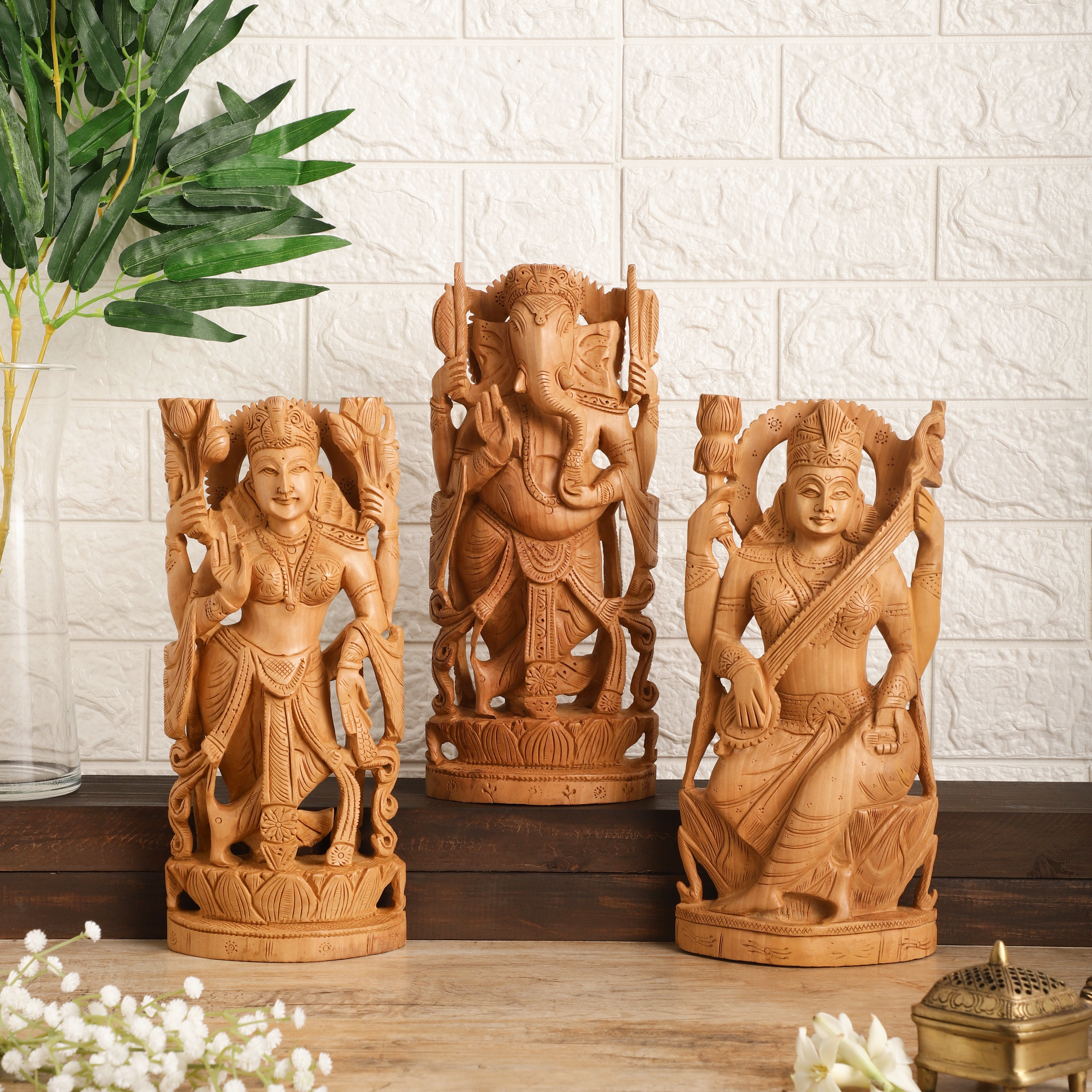 Ganesh Lakshmi Saraswati Wooden Carved Idols (Single)