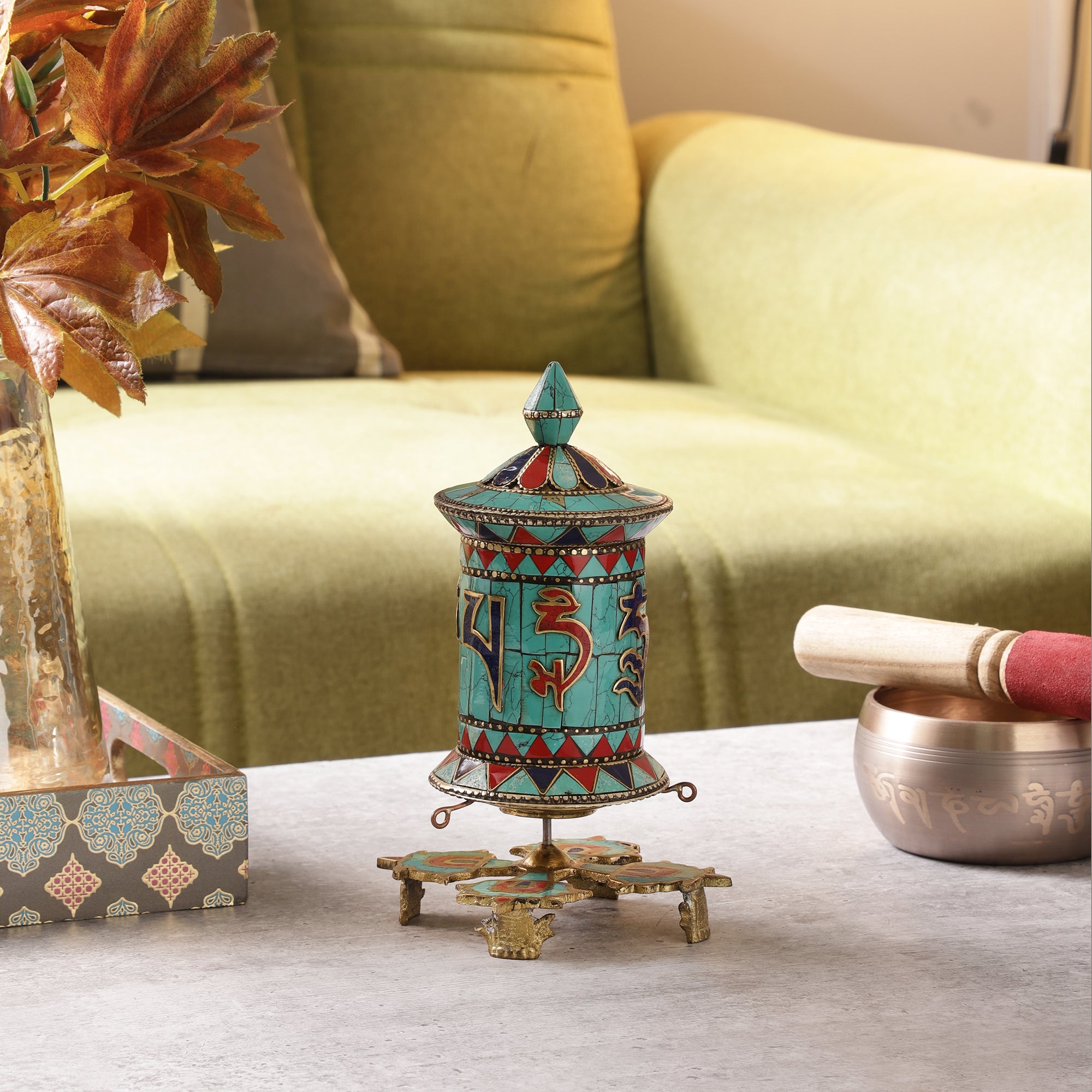 Blue Stone Buddhist Prayer Wheel (Table Top)