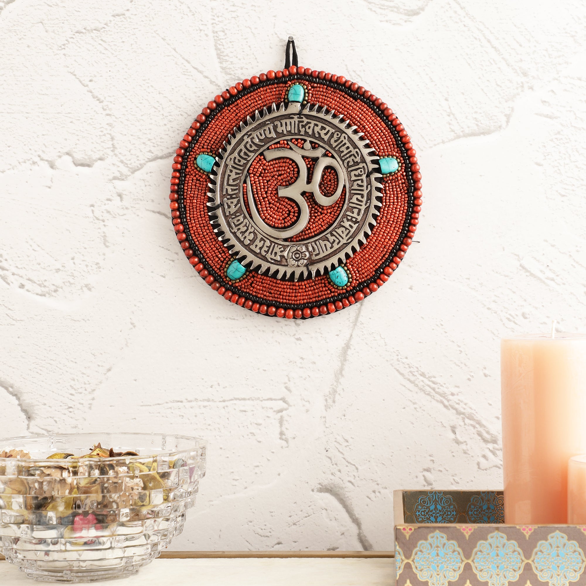 Red Beads and Stone Om Metal Wall Art