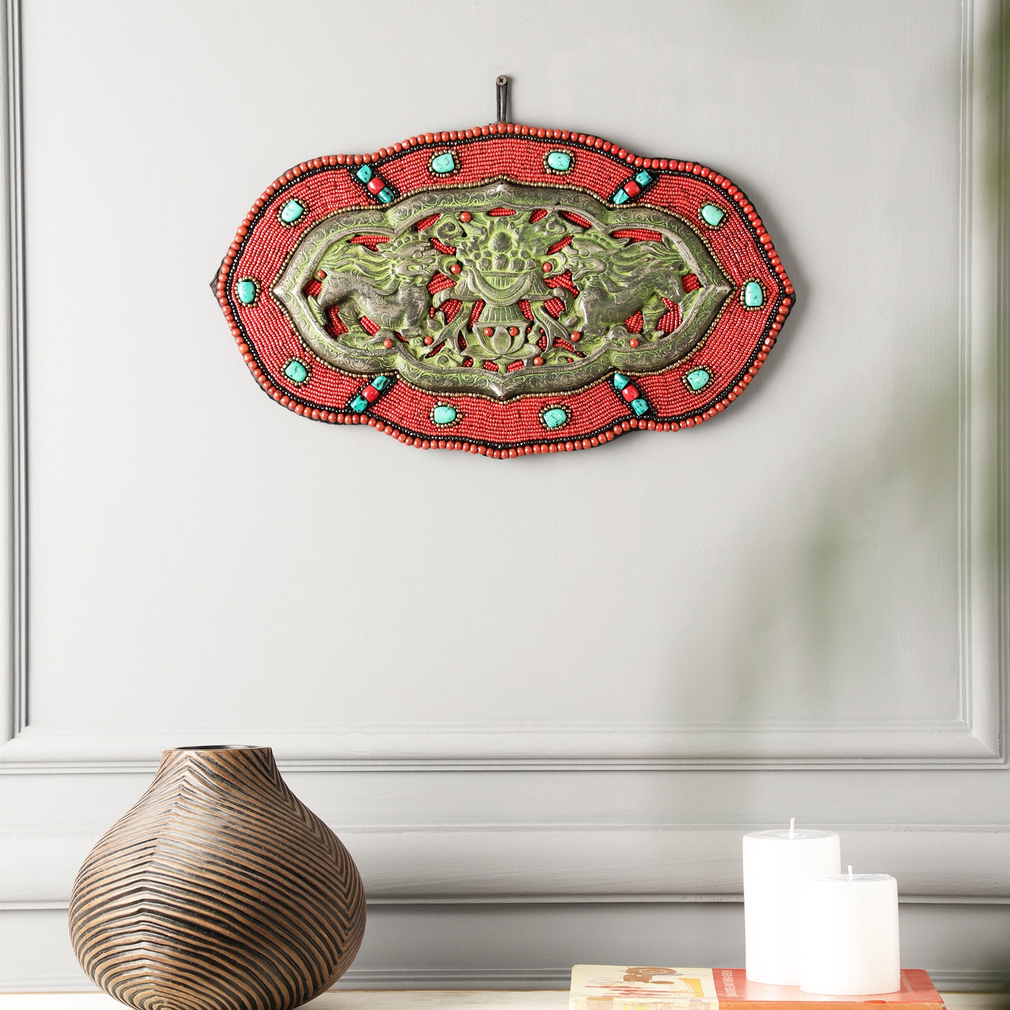 Red Beads and Stone Singay Metal Wall Art